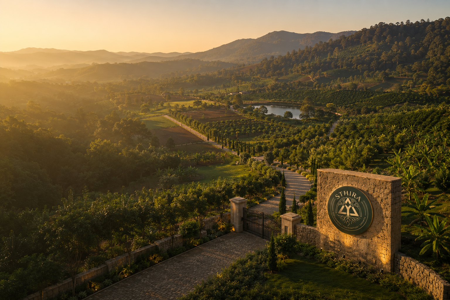 Aerial view of STHIRA estate at golden hour